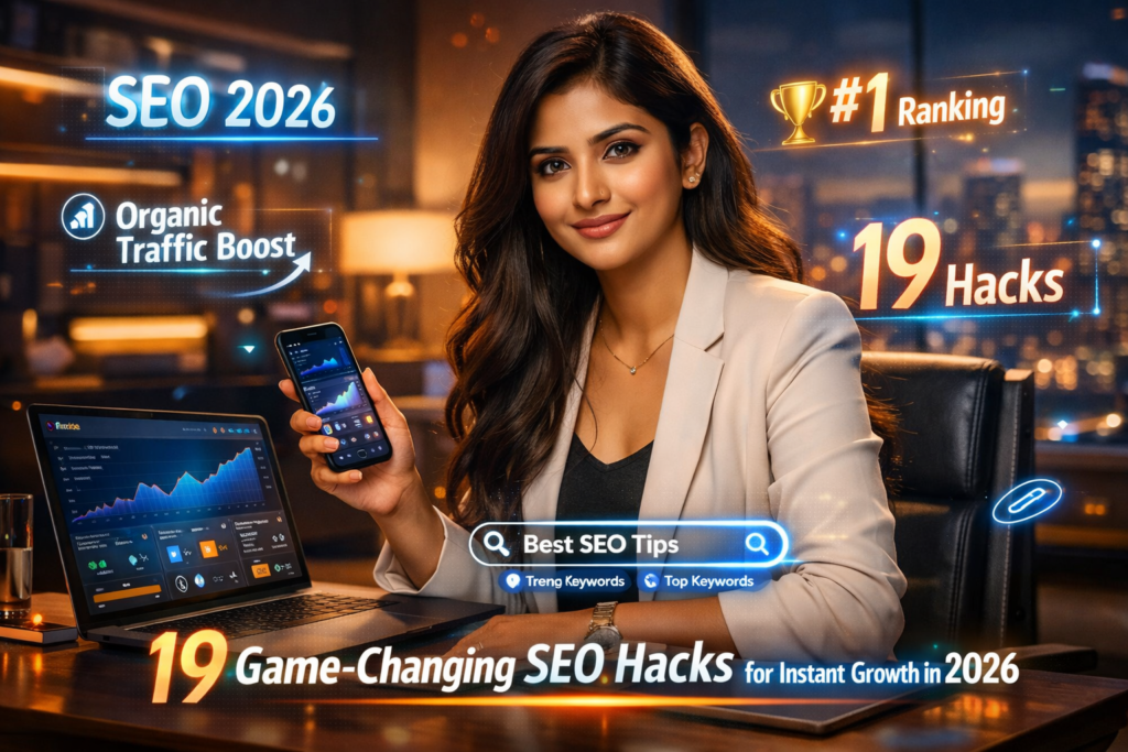 Confident young Indian woman using smartphone and laptop in a modern luxury workspace, displaying SEO analytics and growth charts, representing 19 game-changing SEO hacks for instant growth in 2026.