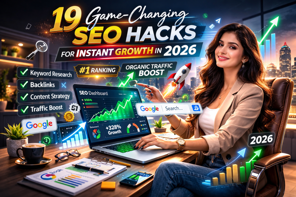 Professional woman using laptop and smartphone in a modern workspace, representing 19 game-changing SEO hacks for instant growth in 2026 with digital marketing analytics on screen