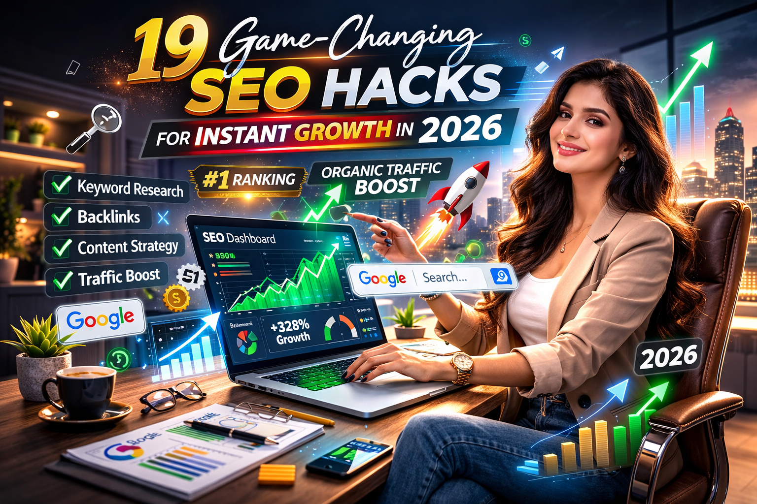 Professional woman using laptop and smartphone in a modern workspace, representing 19 game-changing SEO hacks for instant growth in 2026 with digital marketing analytics on screen
